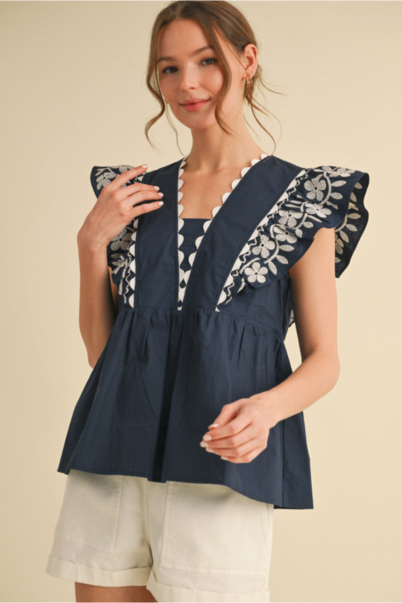 Navy Embroidered Baby Doll Top