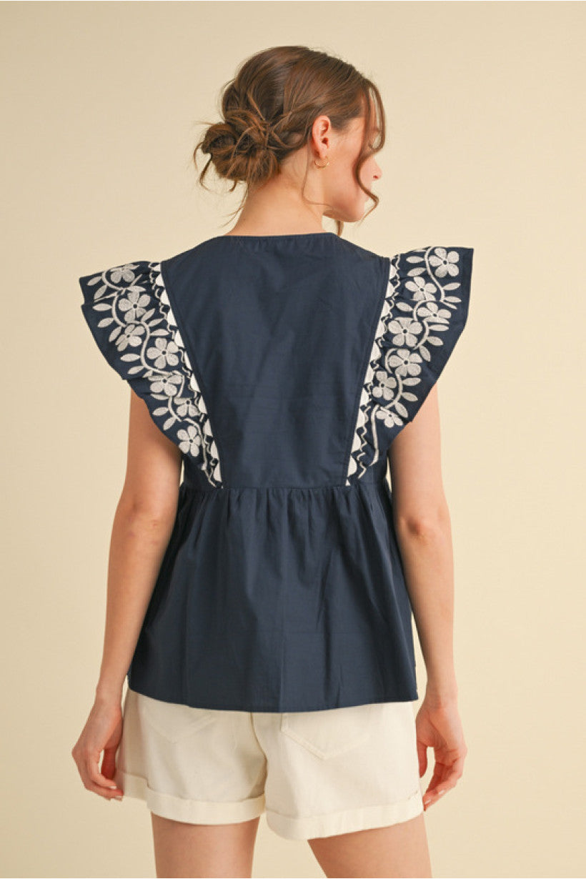 Navy Embroidered Baby Doll Top