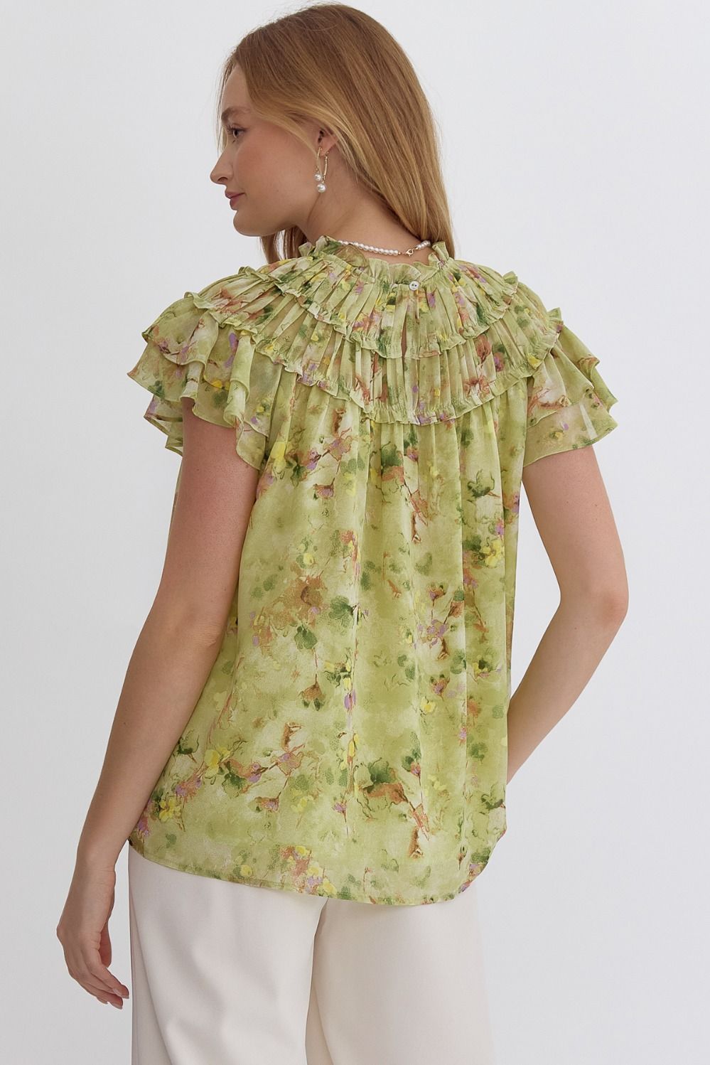Lime Floral High Neck Ruffle Blouse