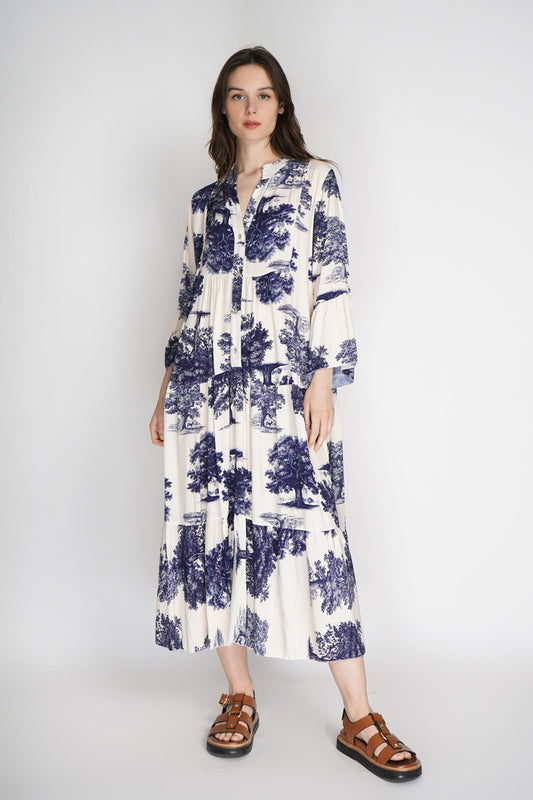 Blue & White Printed Button Dress | Made in ITALY