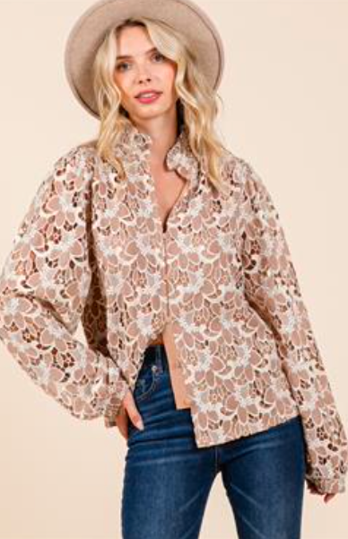 Taupe Eyelet Laced Button Blouse