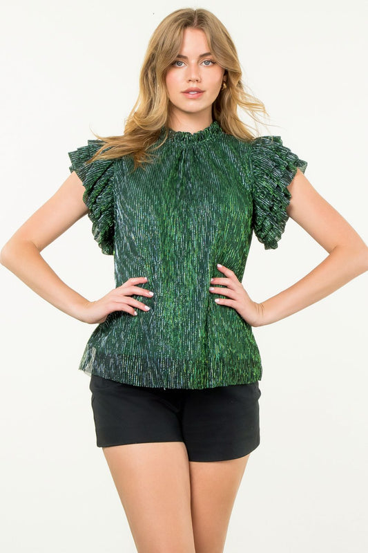 Flutter Sleeve Green Metallic Top